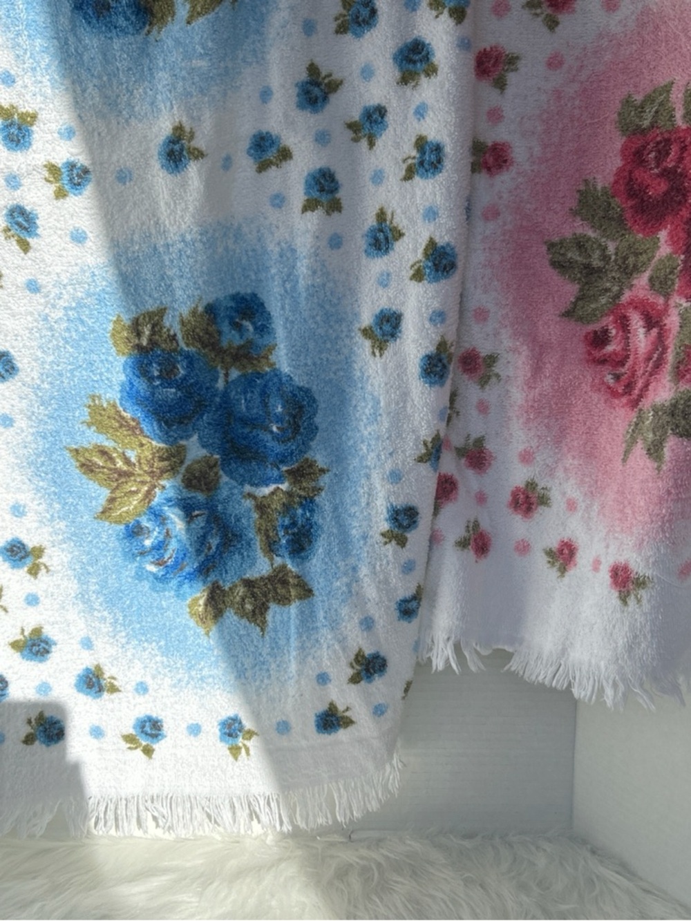 2 Vintage coordinating Floral Rose Print Towels - Blue & Pink